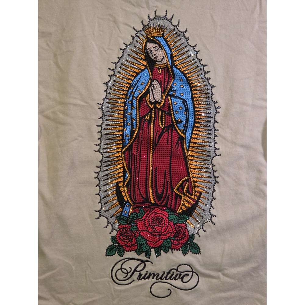 Primitive Skateboards Mission Cream T-Shirt Mens Size S Virgin Mary Rhinestone